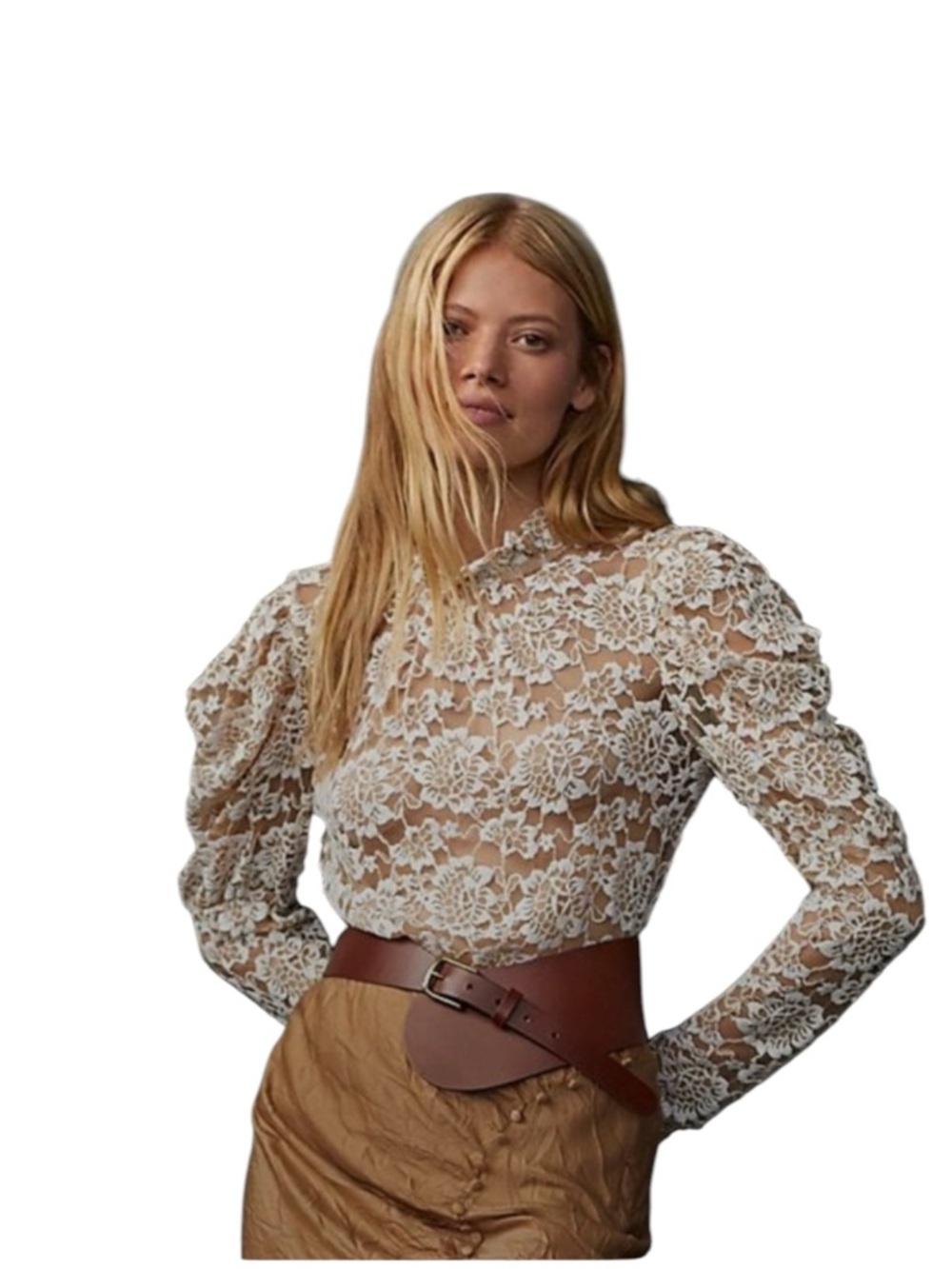 dolan Anthropologie Ivory Floral Lace Puff-Sleeve Blouse Size Petite L